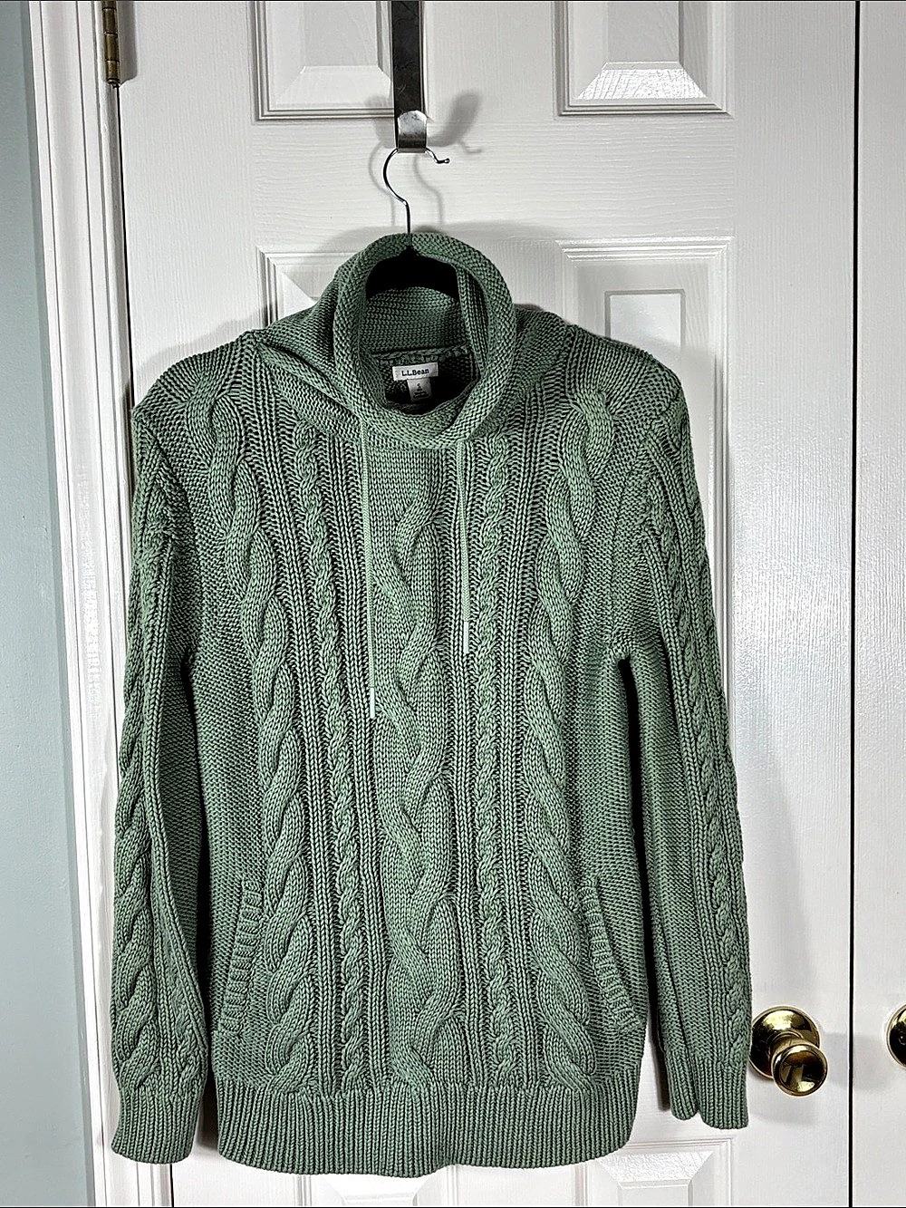 L.L.Bean Signature Cotton Funnel Neck Cable Knit Sweater with Pockets Green
